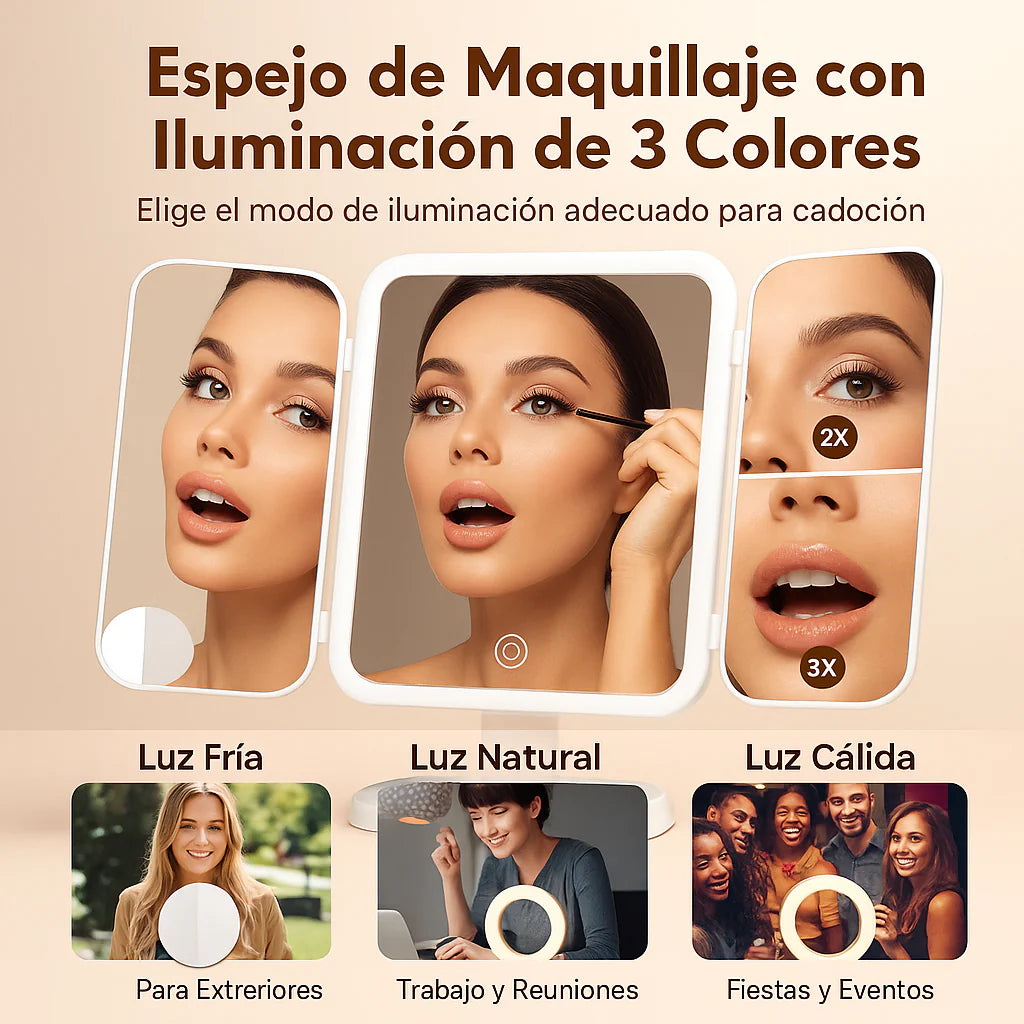 Espejo Luz LED Plegable Maquillaje